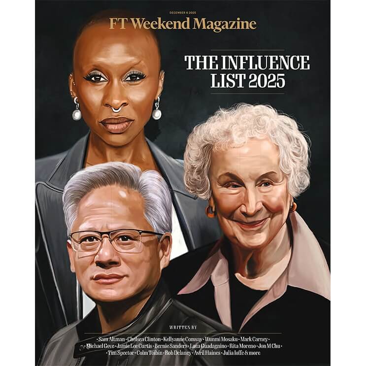 左上：辛西婭．艾利沃、左下：黃仁勳、右：瑪格麗特．阿特伍德。（ft.com）